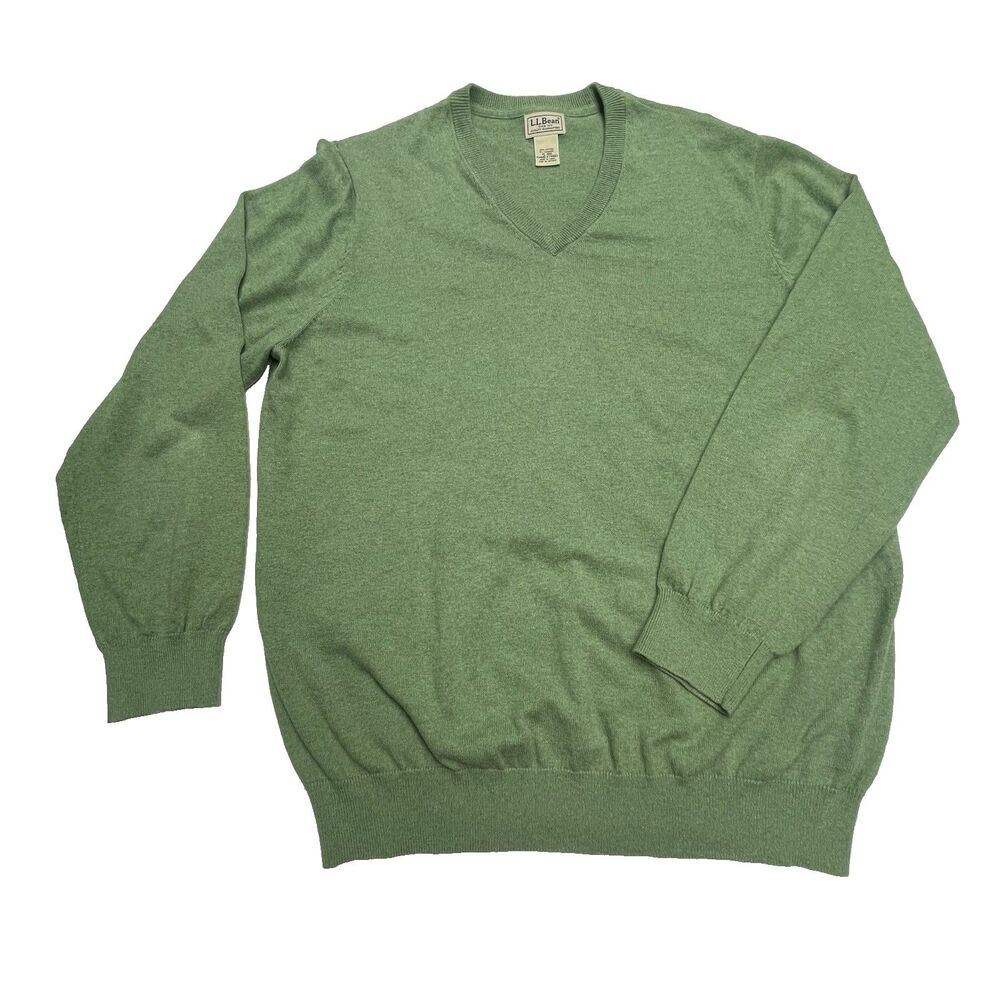 LL Bean Sweater Green Cotton Cashmere V-Neck Men's Size XL-Reg